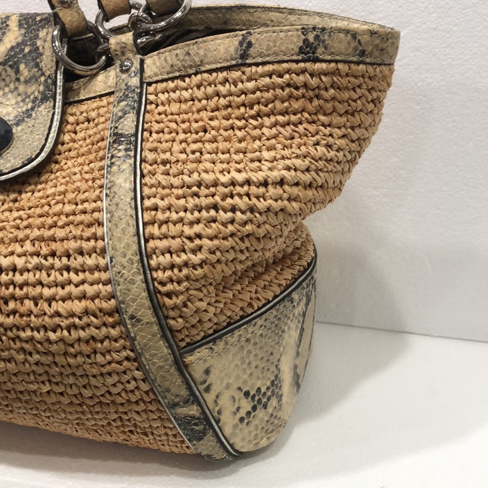 Coach Hampton Python Leather Trim Straw Shoulder Tote - Picture 4 of 12